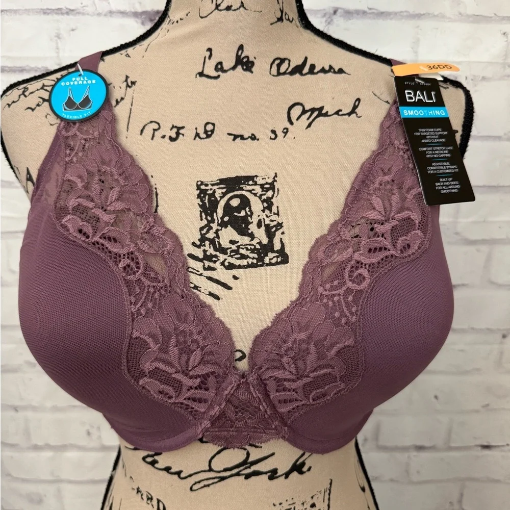 Bali Bra Size 36DD‎ One Smooth U Comfort Stretch Lace Underwire Bra Purple New